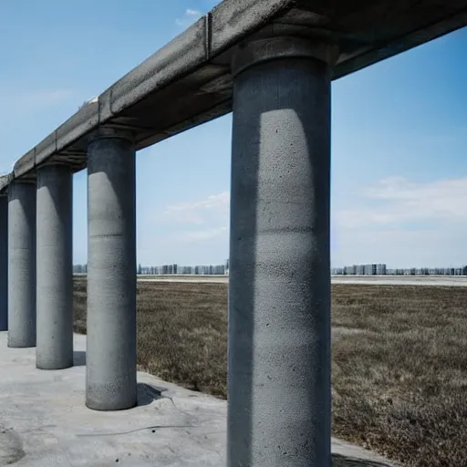 Prompt: a flate endless plane of concrete covered in concrete pillars that go on to the horizon, open sky, blue sky with clouds