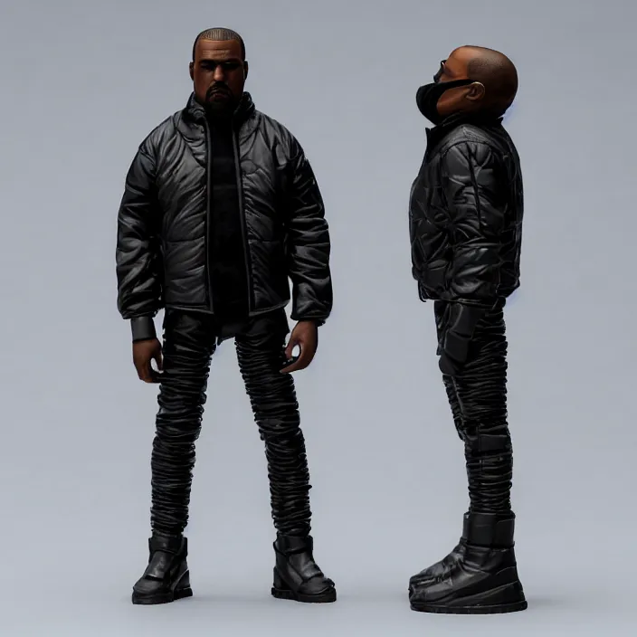 Prompt: a action figure of kanye west using full face - covering black mask with small holes. a small, tight, undersized reflective bright black round puffer jacket made of nylon. a shirt underneath. black jeans pants. a pair of big black rubber boots, figurine, detailed product photo, 4 k, realistic, acton figure, studio lighting, professional photo