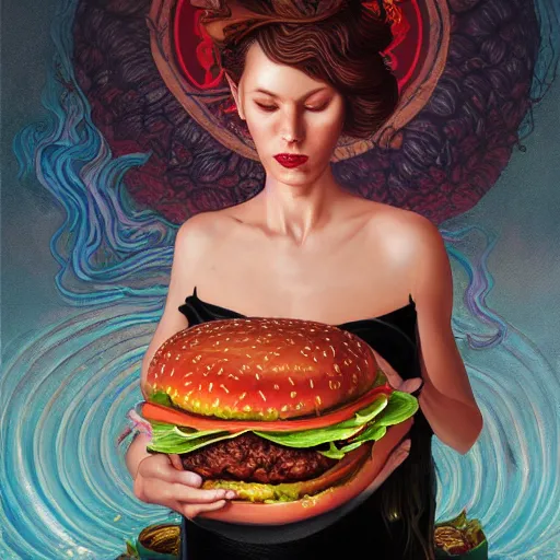 Prompt: detailed full body concept art illustration oil painting of Janine Marie James eating hamburgers, extra ketchup, bacon lettuce and tomatos, oriental art nouveau, frock, mid body, radiant halo of light, black gold smoke ink, woman covered in sliced tomatos and onions, peter mohrbacher, artgerm