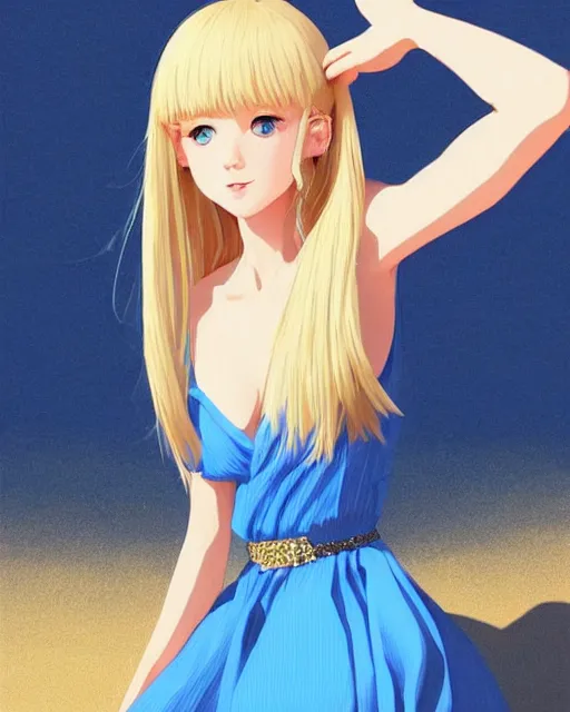 Image similar to infinitely detailed full - body portrait pale female beautiful blonde haired woman with sparkling blue eyes. wearing blue dress, beautiful! scenery art! by wlop & murata range, by ilya kuvshinov. artstation!! / pixiv!!