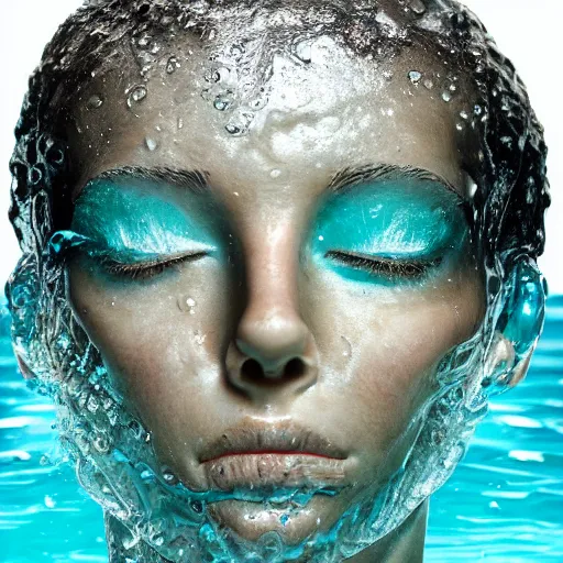 Image similar to spilling water creating a human head out sculpture of water, on the ocean water, ray tracing, realistic water sharp focus, long shot, 8 k resolution, cinematic, amazing water art