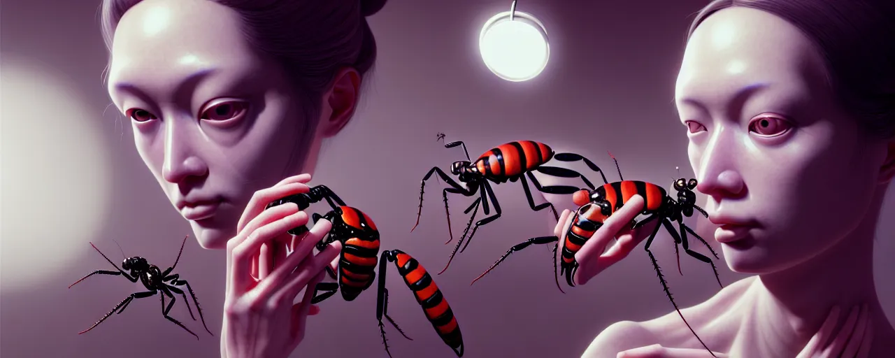 Image similar to hyperrealistic photography of a gorgeous female scientist constructing an insect - making machine in the style of jin kagetsu, james jean, chris cunningham, hans bellmer and wlop, highly detailed, face symmetry, masterpiece, award - winning, sharp focus, intricate concept art, ambient lighting, 8 k, artstation