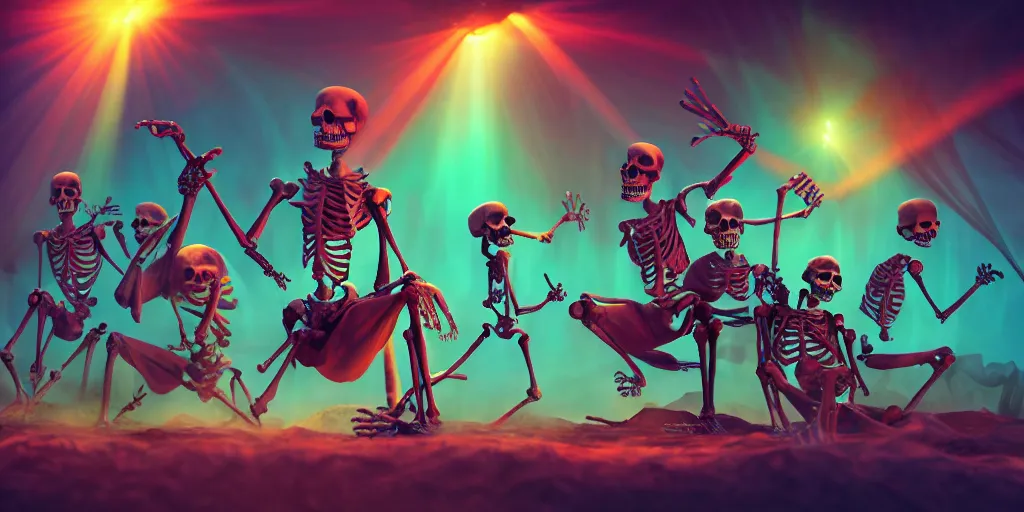 Image similar to skeletons, they are in front of a desk working on a new dark spell that is casting out flowing energy, colorful, flowing energy, light rays, medium shot, waist up, sharp, concept art, highly detailed, bloom, dramatic lighting, cinematic, by dreamworks