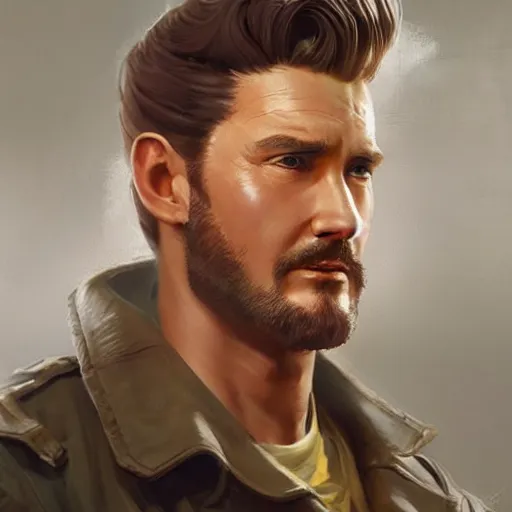 Prompt: a highly detailed epic cinematic concept art CG render digital painting artwork costume design: Errol Flynn as a 1950s sly army mechanic engineer with a thick stubble. By Greg Rutkowski, Ilya Kuvshinov, WLOP, Stanley Artgerm Lau, Ruan Jia and Fenghua Zhong, trending on ArtStation, subtle muted cinematic colors, made in Maya, Blender and Photoshop, octane render, excellent composition, cinematic atmosphere, dynamic dramatic cinematic lighting, aesthetic, very inspirational, arthouse