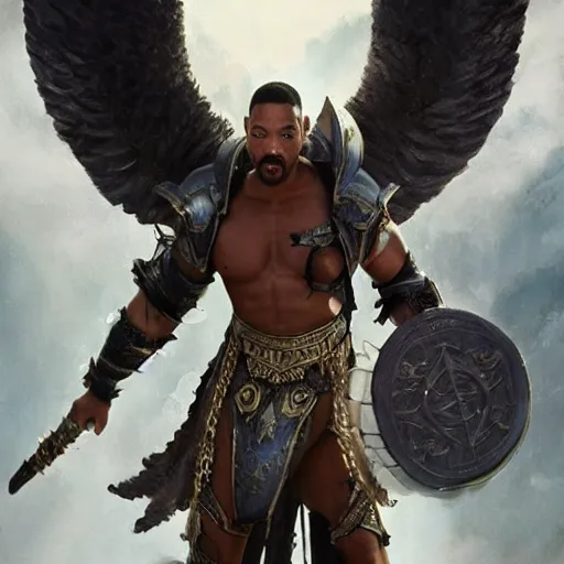 Prompt: will smith dressed as a gladiator and with angel wings fights against demons, matte painting, bold shapes, hard edges, street art, trending on artstation, by huang guangjian and gil elvgren and sachin teng