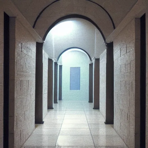 Image similar to Beautiful Fuzzy wide-eye-lens 15mm, harsh flash, cameraphone 2002, Photograph of an tiled infinite foggy foggy foggy liminal pool pool hallway hallway hallway with archways and water on the floor