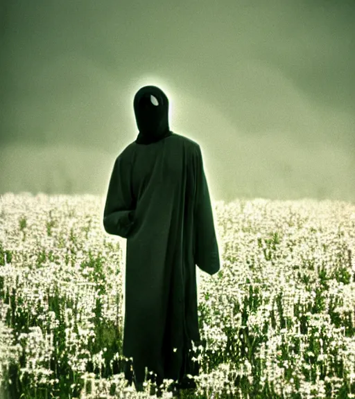 Prompt: white grim reaper with no face standing at distance looking at you in beautiful meadow of flowers, film photo from 1970s, grainy, high detail, high resolution
