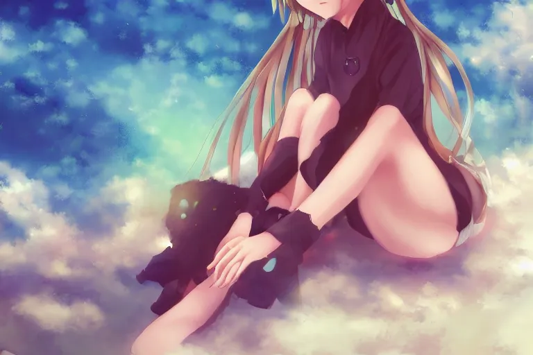 Image similar to a cute anime girl sitting on a cloud, digital painting, anime, portrait