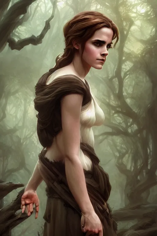 Prompt: goddess of the dark forest emma watson, highly detailed, digital painting, artstation, concept art, smooth, sharp focus, illustration, unreal engine 5, 8 k, art by artgerm and greg rutkowski and edgar maxence