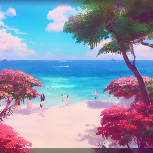 Image similar to a beautiful render of a dreamy tropical anime island paradise by makoto shinkai, pink accents, soft details, graphic art