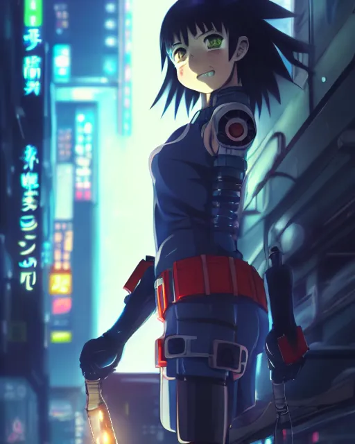 Image similar to portrait of anime girl in mechanic armor in night tokyo by makoto sinkai, my hero academia,cyberpunk, greg rutkowski, perfect face, fine details