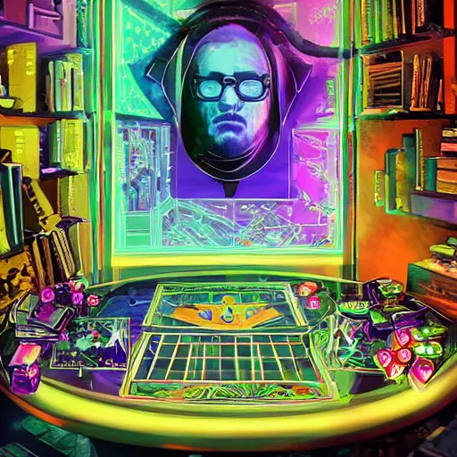 Prompt: cyberpunk hermetic esoteric play and games scholar floral patterned robes in his study with holographic contraptions, board games, crt monitors