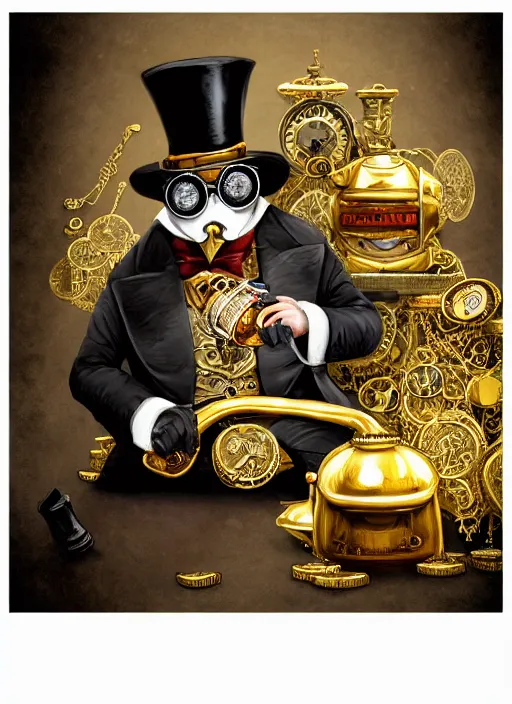 Image similar to athropomorphized rich penguin capitalist sitting on pile of gold, wearing steampunk top hat, goggles, drinking tea, concept art, insanely detailed and intricate, hypermaximalist, elegant, ornate, hyper realistic, super detailed, art deco, cinematic, trending on artstation, magic the gathering artwork, centered