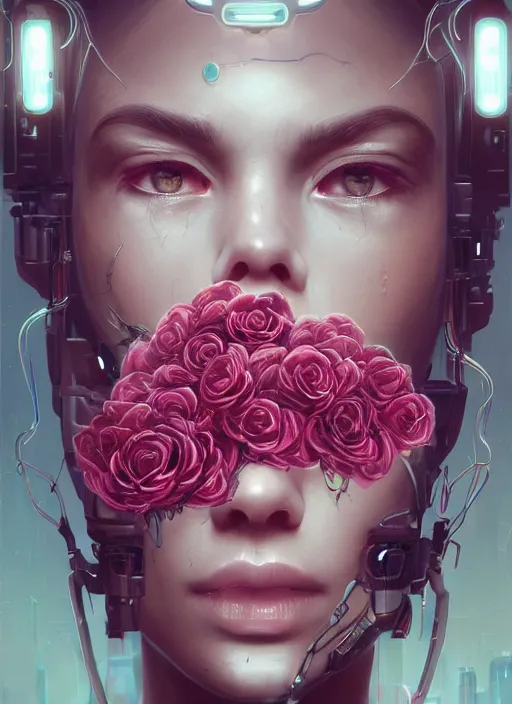 Prompt: portrait of a female face with roses, cyberpunk cyborg. roses, muted colors, sci - fi, intricate abstract upper body intricate artwork, by tooth wu, wlop, beeple, dan mumford. concept art, octane render, deviantart, greg rutkowski, cinematic arthouse, key art, hyper realism, iridescent accents