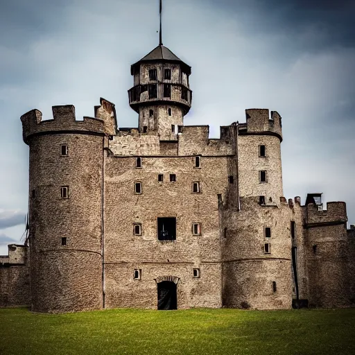Prompt: photo of a metal medieval castle with machines guns on top of the walls