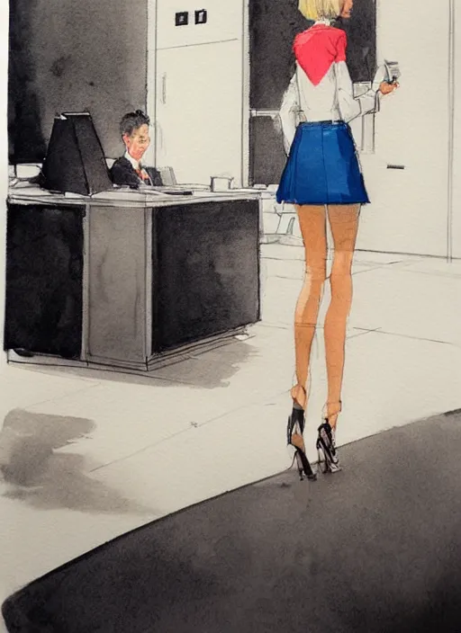 Image similar to concept art of a modern office life, young business woman, pencil miniskirt, pinterest, artstation trending, behance, watercolor *, by coby whitmore, silver, laser light,