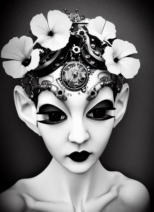 Image similar to black and white dreamy profile face portrait, one silver steampunk eye biomechanical beautiful angelic young female cyborg - robot - doll bust, body ribs meshes,, volumetric light, hibiscus flowers, rim light, big gothic fashion pearl embroidered collar, 1 9 3 0, 8 k