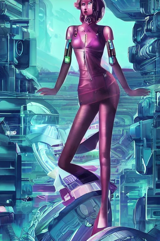 Image similar to attractive female android in feminine pose on a hyper-maximalist overdetailed retrofuturist scifi bookcover illustration from '70s. Inspired by shadowrun darkscifi utopia.. Biopunk, solarpunk style. Daytime