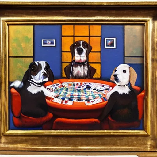 Prompt: dogs playing poker, oil painting, 1980s