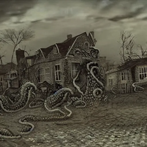 Prompt: news footage of a Lovecraftian monster consuming a small rural town