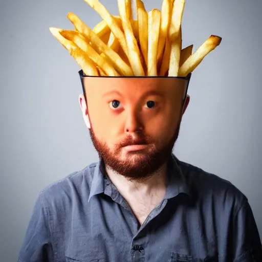 Image similar to a man with french fries as hair, 8 k, 4 k, professional photography, award winning photo