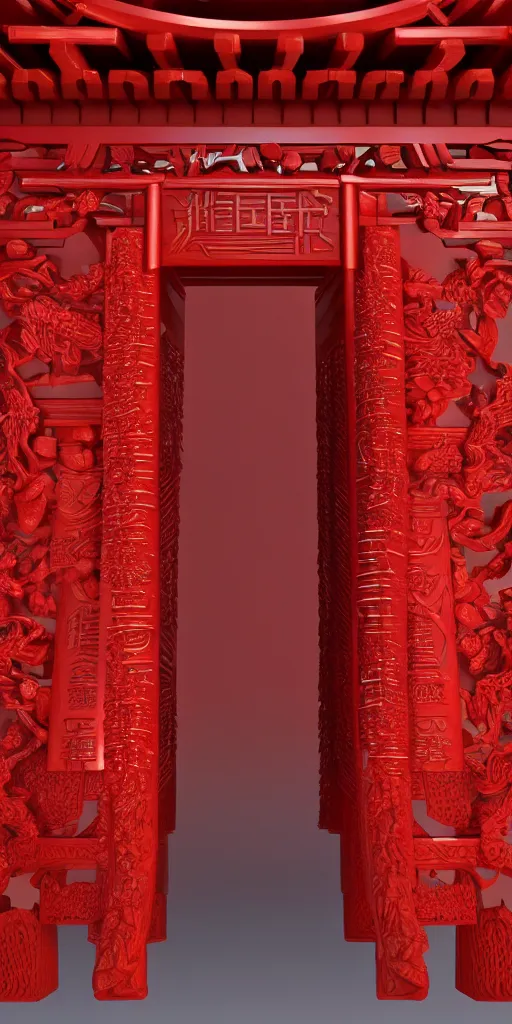 Image similar to 3 d render of a carved red torii gate sculpture, chrometype, made of liquid metal, neotribal with thorns and thunders, japanese temple, raytraced, volumetric lightning, 8 k, by zhelong xu, ouchh and and innate studio