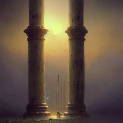 Prompt: a beautiful painting of a dark souls buildings by ivan aivazovsky and rhads and greg rutkowski and james gurney, in style of digital art, magic portal between two large pillars, mystic, energy beam, hyper detailed, sharp focus, soft light. octane render. ray tracing. trending on artstation