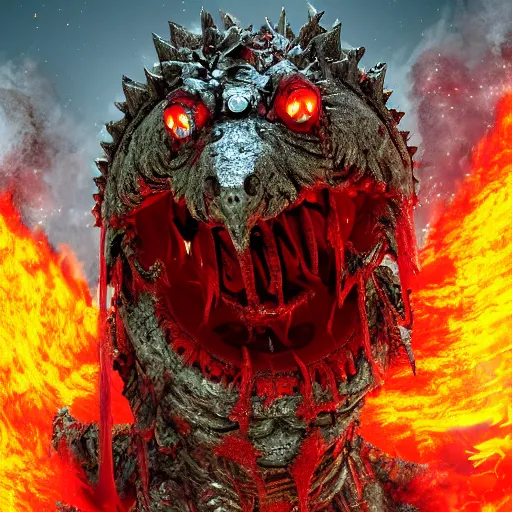 Image similar to evil steel rust bubble screaming fire chicken kaiju, cinematic, epic scale, hyper detailed, photorealistic, rule of thirds, 8 k.