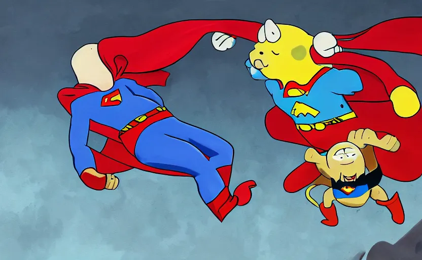 Prompt: painting of Jake the dog from adventure time fighting superman , adventure time versus DC, hand to hand combat, concept art, high detail, 4k