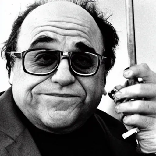 Prompt: Danny Devito smoking crack out of a crack pipe, award-winning photo