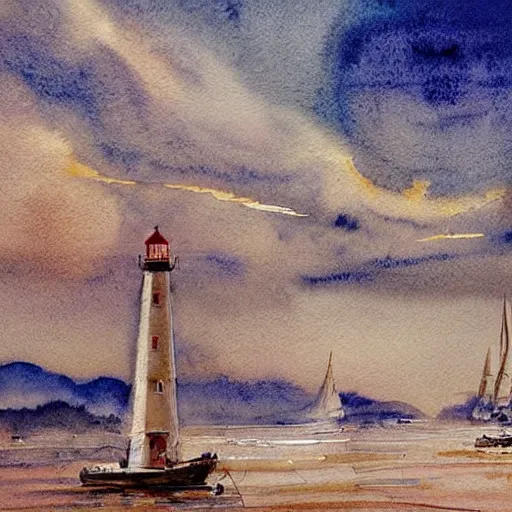 Prompt: Complex hyperdetailed serene masterpiece sketch of a captivating lighthouse, sailboats soaring in the wind, by Orris Moe, complex detailed watercolor painting, cinematic lighting,illogical surrealism.