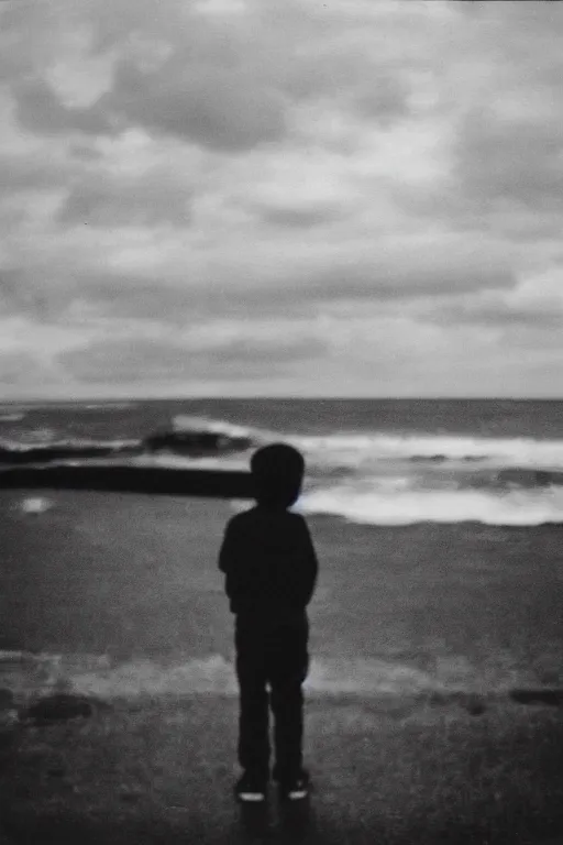 Image similar to photo polaroid of sad and lonely child in the middle of the street, looks towards the stormy sea, loneliness, war, black and white ,photorealistic, 35mm film,