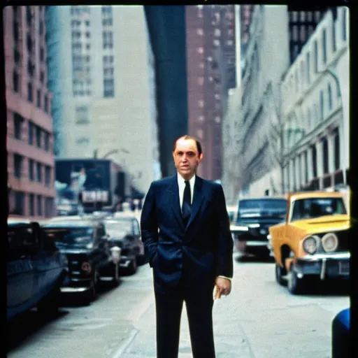 Image similar to portrait of a man in a suit in the streets of new york, 1 9 6 0 s, photo taken with ektachrome, featured on flickr, photographed on expired film