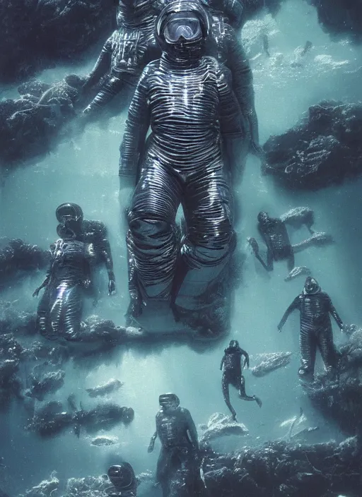 Image similar to astronauts in the underwater void - complex and hyperdetailed technical suit. reflection and dispersion materials. rays and dispersion of light. volumetric light. f / 3 2. noise film photo. flash photography. ultra realistic, wide angle. holographic and anaglyph materials, poster by wayne barlowe, mike winkelmann, wayne barlowe, craig mullins