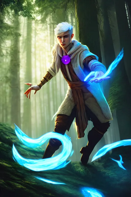 Image similar to a human elemental sorcerer, forest setting, colorful magic, male, white skin, young, sharp focus, concept art, dynamic lighting, unreal engine, by jeffchendesigns