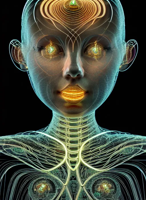 Prompt: absurdly beautiful female figure with beautiful human face, wires, fractals swirling outward, glowing internal light, hyperdetailed, by alex grey, intricate linework, faberge, intricate gold linework, dark atmosphere, unreal engine 5 highly rendered, global illumination, radiant light, detailed and intricate environment