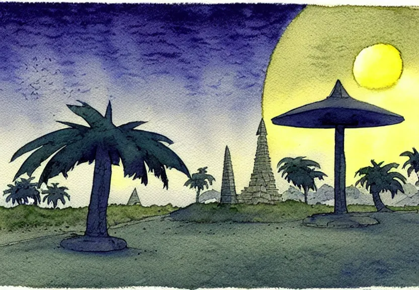 Prompt: a simple watercolor fantasy concept art of a dark grey boxy ufo next to a palm tree at night with white pyramids in the background. by studio ghibli, rebecca guay, michael kaluta, charles vess