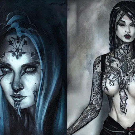 Image similar to female tattoo artist in gothic tattoo studio, greg rutkowski