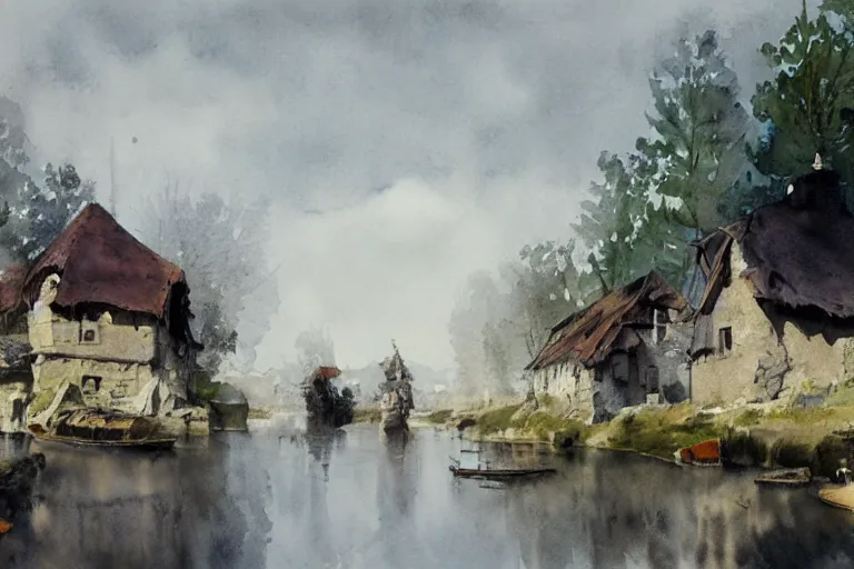 Prompt: abstract watercolor painting of hedonic scandinavian king house, in stone, straw roof, war lord, magical and traditional, reflective river, crisp daylight, midday, cinematic light, national romanticism by anders zorn, by greg rutkowski, by greg manchess