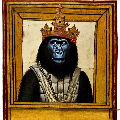 Prompt: medieval royal painting of a regal gorilla wearing a crown, 4 k, high resolution, still, landscape, hd, dslr, hyper realistic