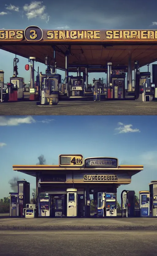 Image similar to steampunk gas station, 4 k, polished, photorealistic, hard edges, zoomed in, very coherent, sharp focus, rim light, exquisite lighting, blue gradient, hard edges, sci - fi, cinematic, octane render