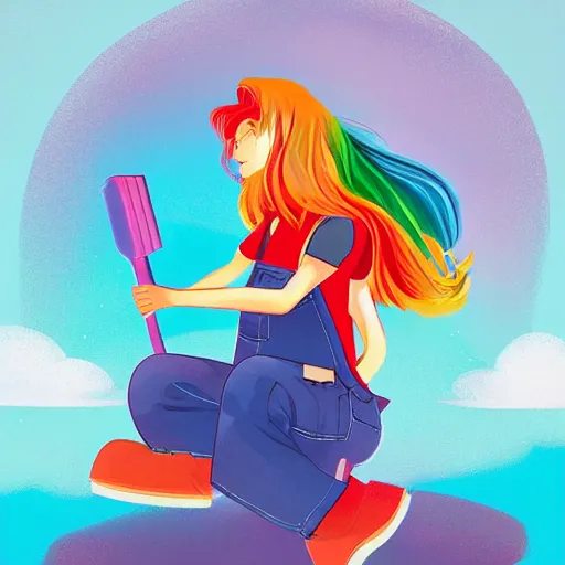 Image similar to cute cartoon character, curled perspective, digital art, attractive girl, overalls, combat boots, rainbow hair, old photo camera, anton fadeev