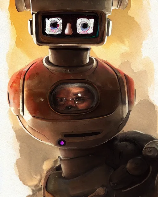Image similar to a painting of a robot with the face of a danny devito trending on artstation in the style of greg rutkowski, 3 d, watercolor, beautiful, young, award winning portrait