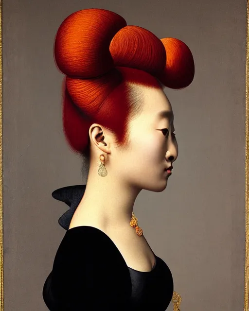 Prompt: photo-realistic portrait of an asian woman with red hair buns, wearing a black dress by Vivienne Westwood, intricate details, masterpiece, in the style of Jean Auguste Dominique Ingres, black background