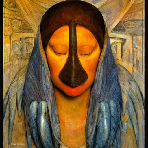 Image similar to the last guest in her bird mask, by Annie Swynnerton and Diego Rivera, symbolist, dramatic lighting, elaborate geometric ornament, god rays, soft colors,smooth, sharp focus, extremely detailed