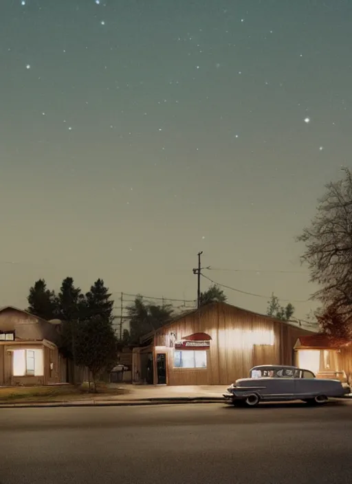 Image similar to a detailed photographic render of a 1 9 5 0 s american suburb at night by todd hido, photoreal, 4 k, mist