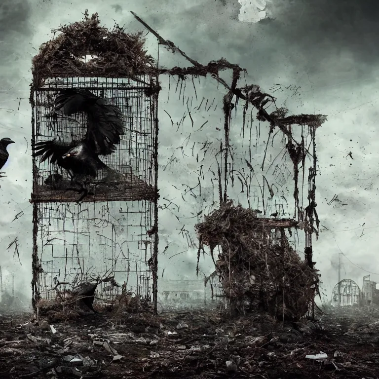 Prompt: black raven locked inside cage, extreme details, hopeless, postapocalyptic picture, very emotional, ruins around the cage, nuclear explosion, erik johansson style, conceptual art, the last day on the earth, insane detail, blood, saturated, hyper realistic 8 k textured