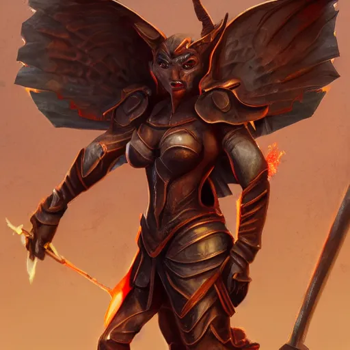 Image similar to disney's gargoyles female!! winged warrior! flaming sword! devilish smile!! ( ( plate armor ) ) ( ( ( shield ) ) ), fantasy painting, concept art, 4 k