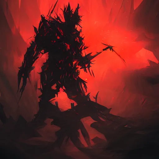 Image similar to Award-Winning. Trending on Artstation. 8K. (Corrupted Knight infected with black obsidian glowing red. Angular. Sharp. Ready for battle.) Standing in the eye of a red storm. Black landscape. Dark skies.