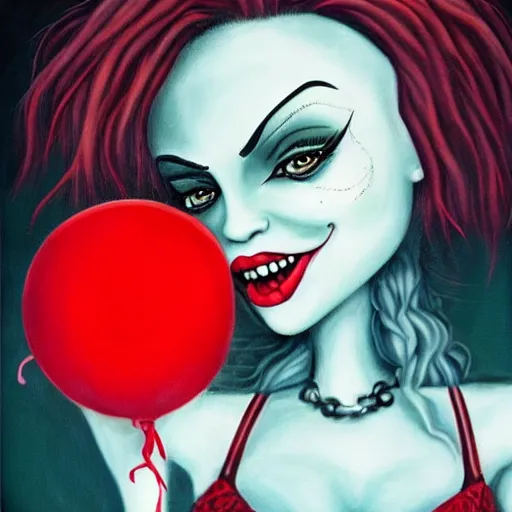 Image similar to grunge cartoon painting of kylie jenner with a wide smile and a red balloon by chris leib, loony toons style, pennywise style, corpse bride style, horror theme, detailed, elegant, intricate